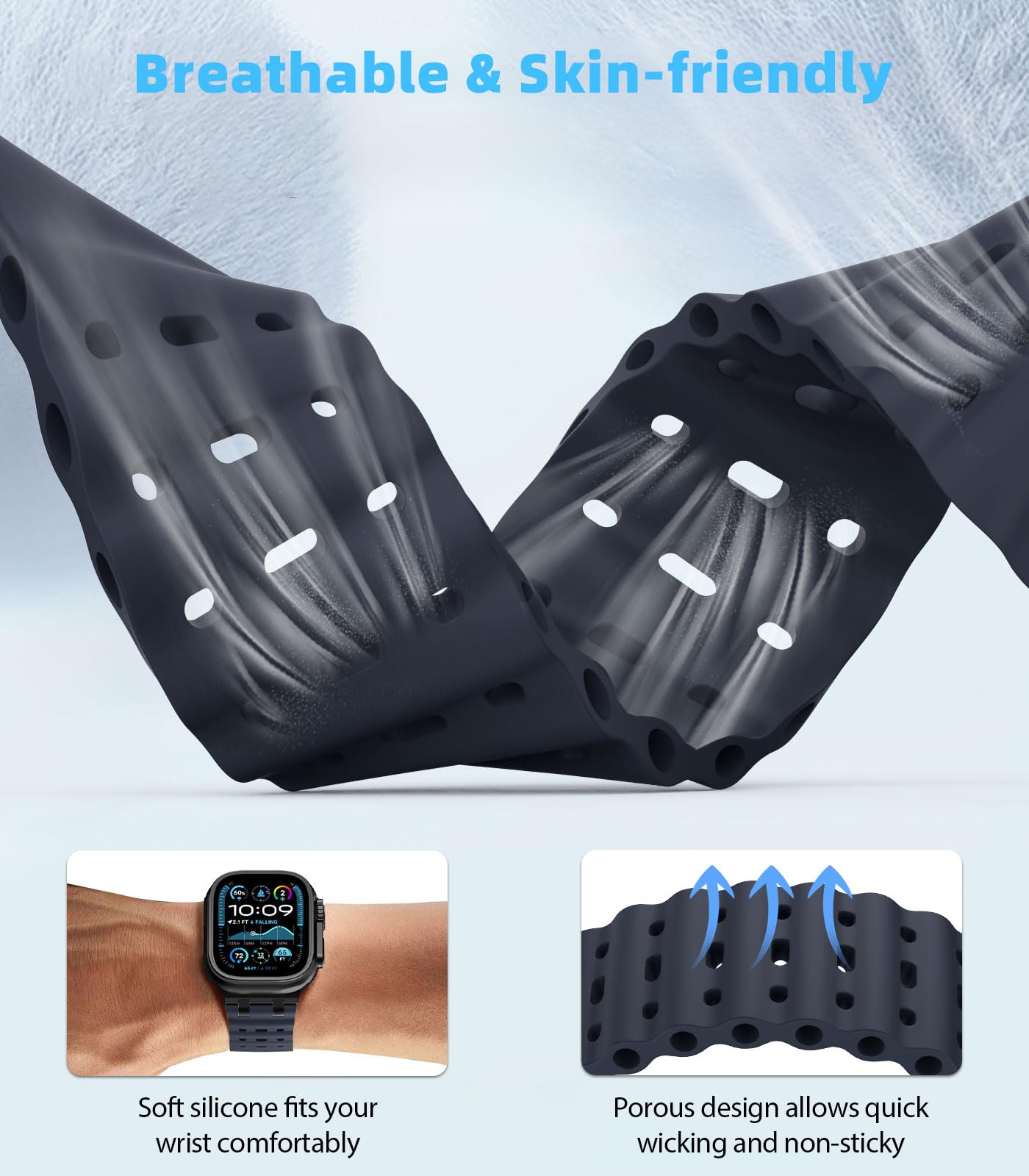 MoKo Bracciale Migliorato in Silicone Sport Oceano per Apple Watch 49mm/46mm/45mm/44mm/42mm - Serie 10/9/8/7/6/5/4/3/SE2/SE/Ultra2/Ultra - Unisex
