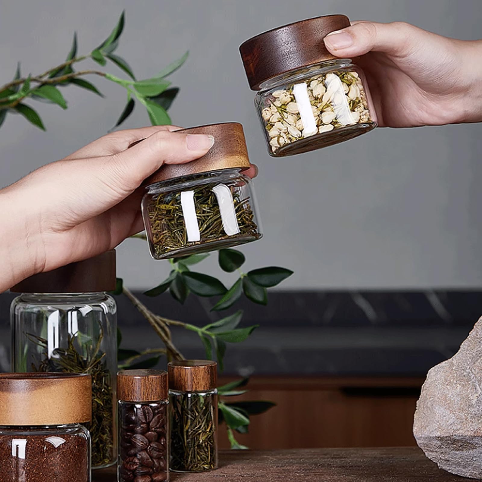 Tarro de almacenamiento, tarro de té, 5 piezas, lata de té, juegos de botes herméticos, juegos de botes de vidrio con tapa hermética, recipiente de almacenamiento de té, café y azúcar, tarros de almac