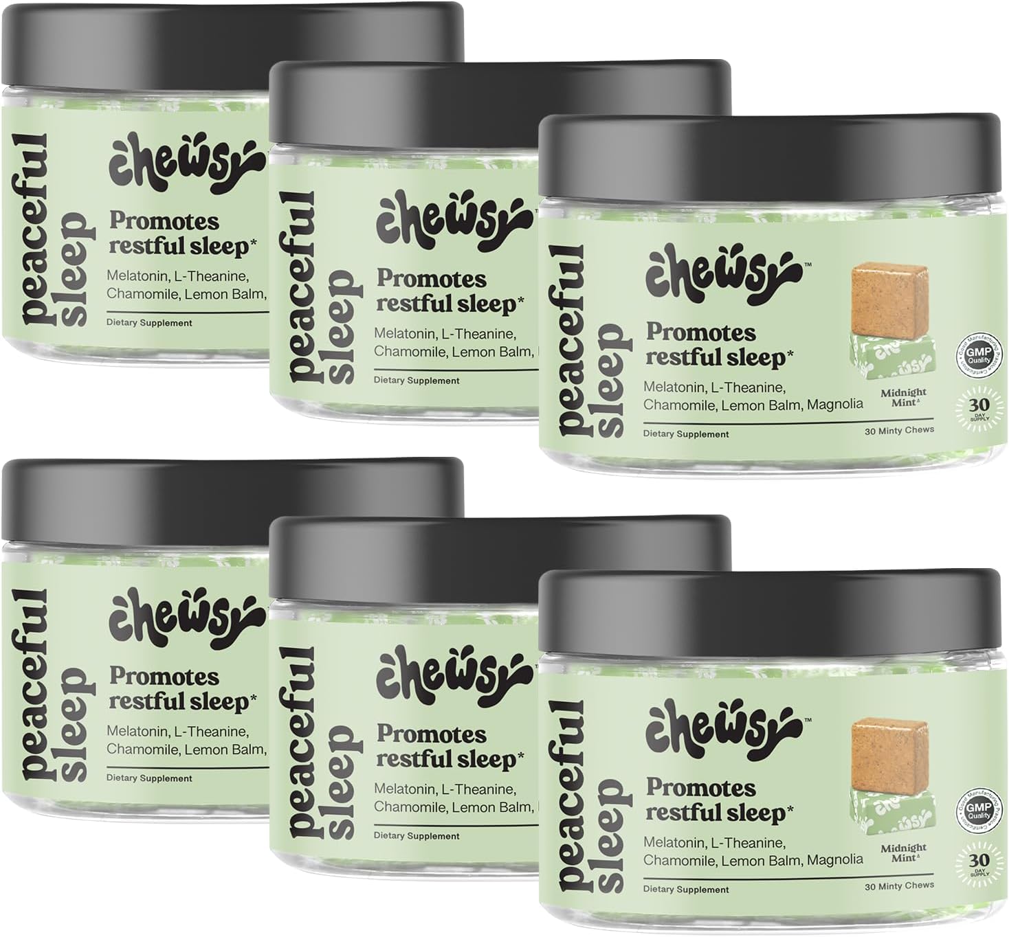 Chewsy Peaceful Sleep Chews, Sleep Support, 3 mg Melatonin, 200 MGS L-Theanine, Chamomile, Lemon Balm, Magnolia, Nighttime Sleep Aid, Naturally Minty Chews, Promotes restful Sleep, 30-Day Supply (6)