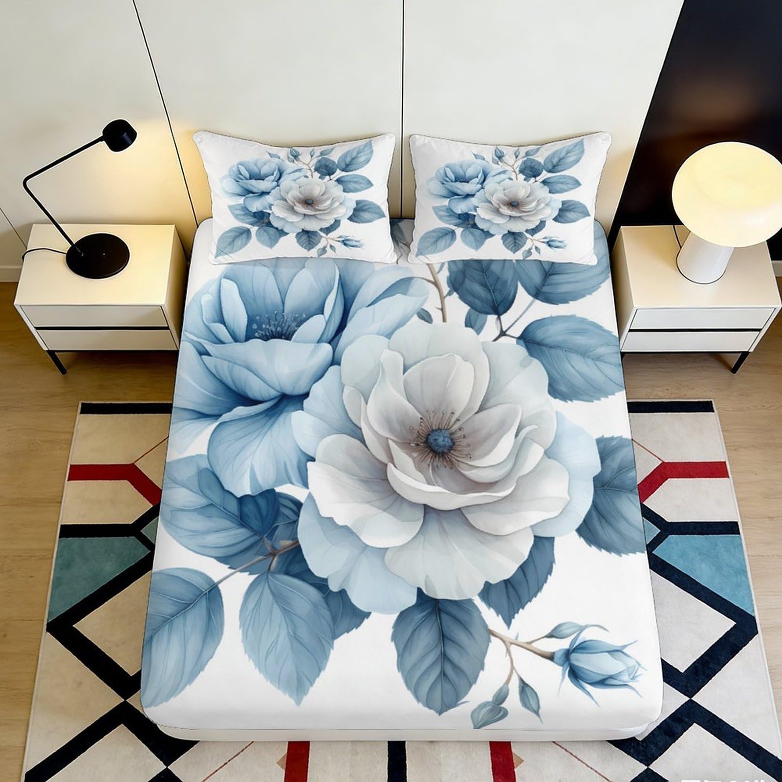 3D Printed Blue Peony Fitted Sheet Microfiber Soft Breathable Watercolor Floral Mattress Cover Bedroom Decor 90x200x25cm