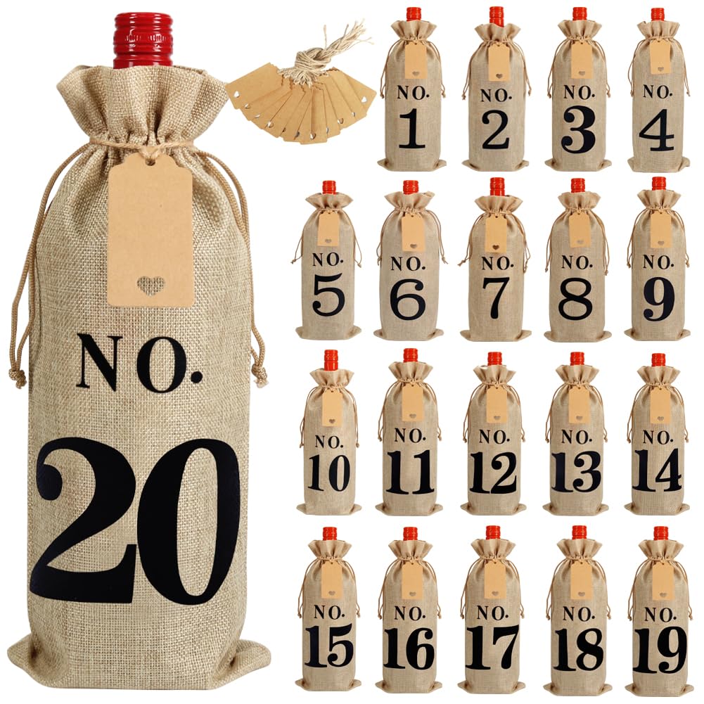 Shintop 20pcs Jute Wine Bags with Gift Tags and 100 Feet Jute Twine, 14 x 6 1/4 inches Hessian Numbered Bottle Gift Bags with Drawstring for Blind