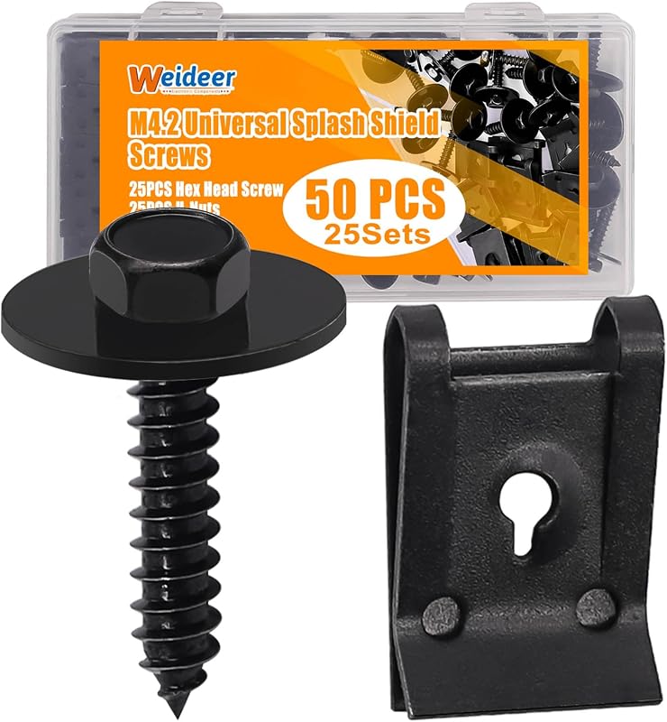 weideer 50PCS M4.2 Universal Fender Liner Screw U Nut Kit,Engine Splash Shield Hex Head Screw U Clips,Automotive Body Screws Clips (25sets)