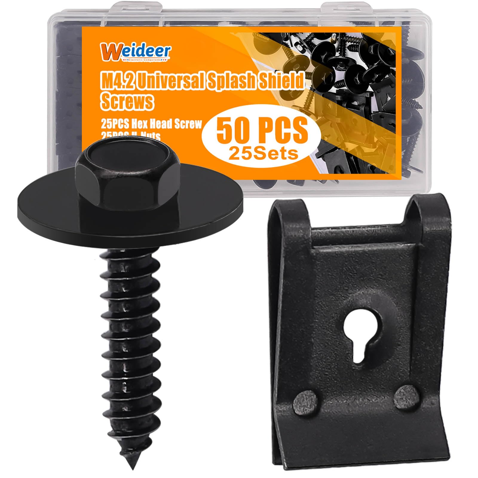 weideer 50PCS M4.2 Universal Fender Liner Screw U Nut Kit,Engine Splash Shield Hex Head Screw U Clips,Automotive Body Screws Clips (25sets)