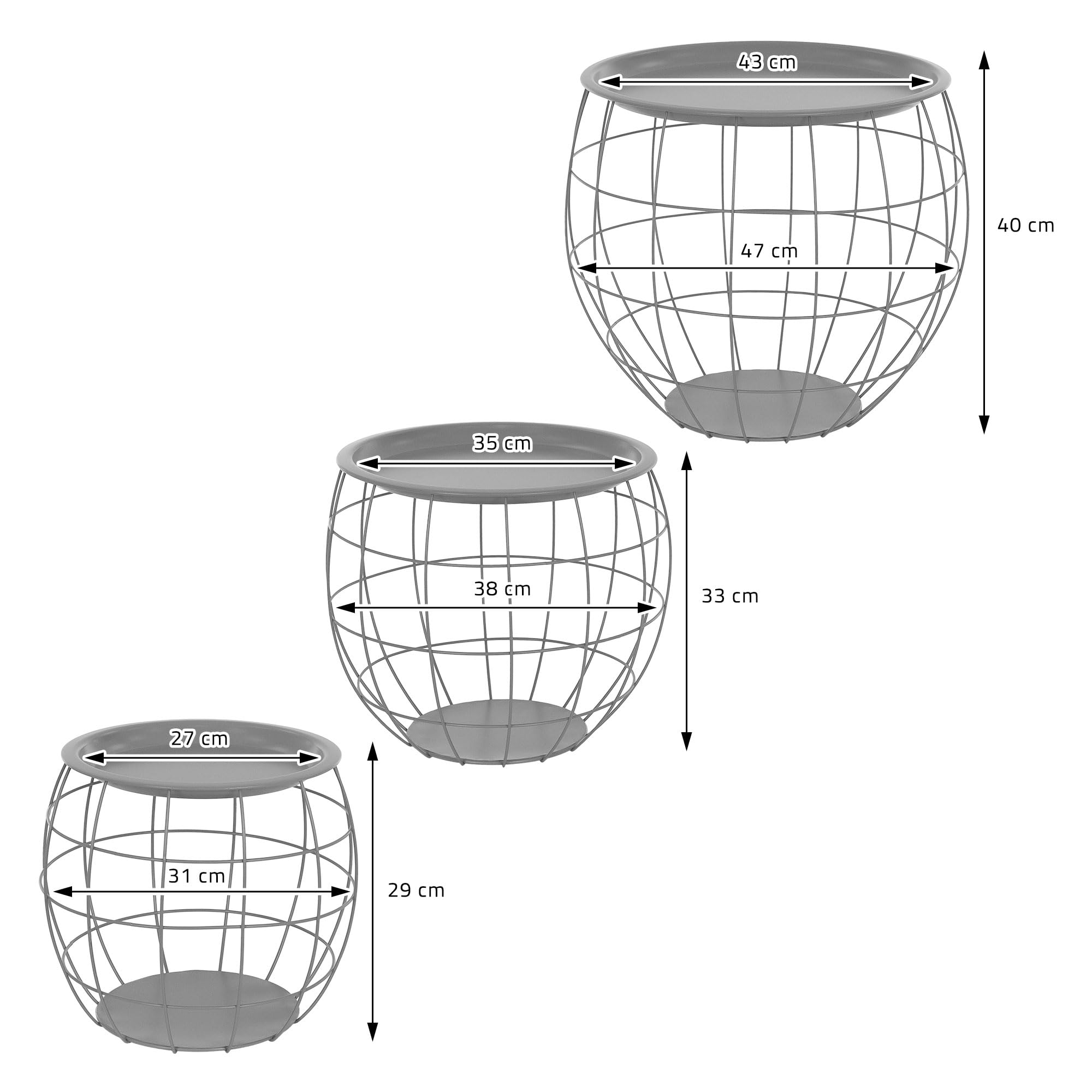 ML-Design Beistelltisch 3er Set, rund, Grau, Metallkörbe Couchtisch 3 Größen Ø31cm/Ø38cm/Ø47cm, Metall, Abnehmbarer Tischplatte, Stauraum, 3-TLG. Wohnzimmertische Sofatische Kaffeetische Satztische