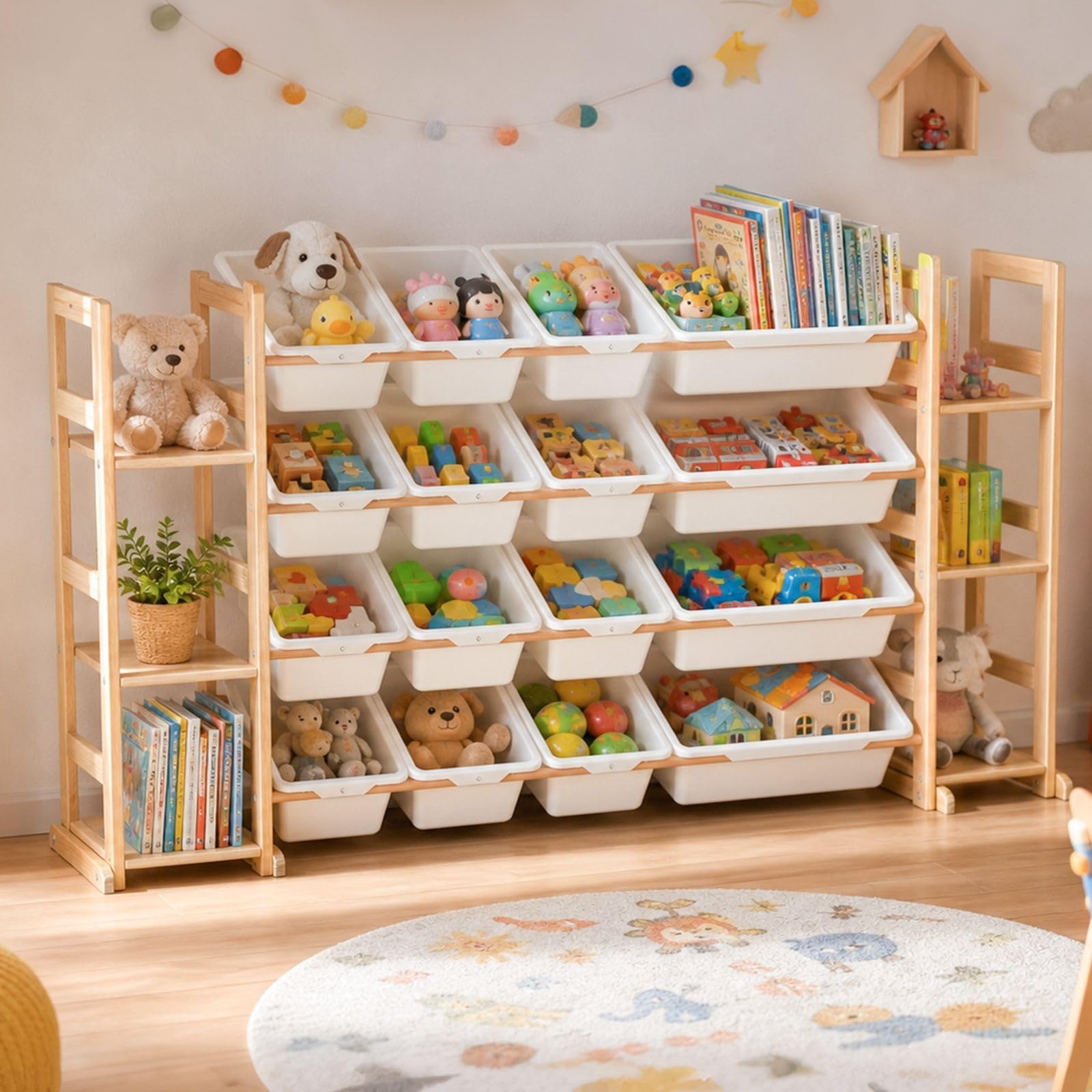 GALACTICA Kids Toy Storage Organiser Removable Bins Open Bookshelve 60.2" W