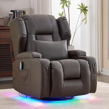 Power Swivel Rocker Recliner Chair with Massage & Heat, Dual Motor Electric Glider Rocking Recliner with USB Ports, Cup Holders & LED Light for Living Room, Home Theater Brown PU