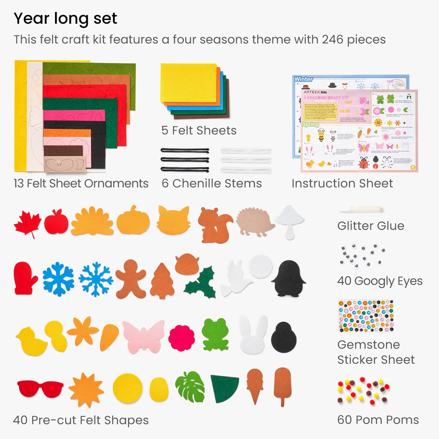 Arteza Kids Felt Kit, 246 Pieces, 40 Pre-Cut Shapes for Four Seasons, 18 Felt Sheets, 1 Glitter Glue, Gemstone Stickers, and Accessories, Educational Kids’ Craft Supplies to Inspire Creativity : Toys & Games