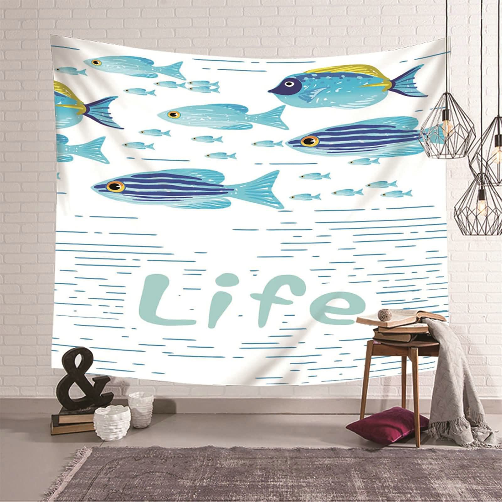 Tapiz de pared de peces vivos KnSam para crear un ambiente relajante azul de 150 x 130 cm