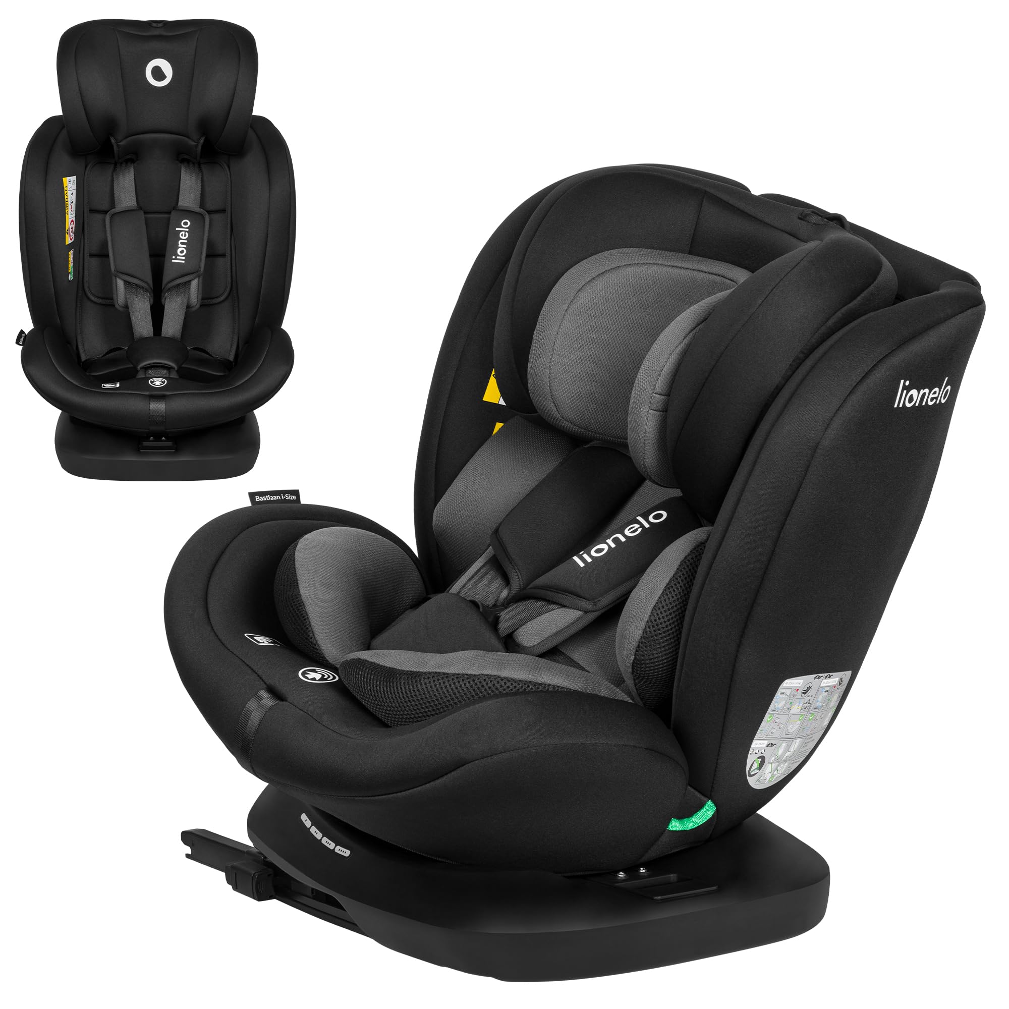 Lionelo Bastiaan i-Size 360° drehbarer Kindersitz Gruppe 0/1/2/3, 0-36 kg, 40-150 cm, 0-12 Jahre, ISOFIX+Top Tether, R129 zertifiziert, Seitenaufprallschutz, Memory-Foam Kopfstütze, Dri-Seat Einsatz