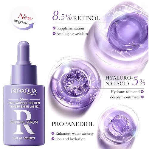 Miniatura 5 de BIOAQUA Suero facial antiarrugas piel tierna 8.5% retinol 5% ácido hialurónico esencia hidratante 1.0 fl oz  1 onza
