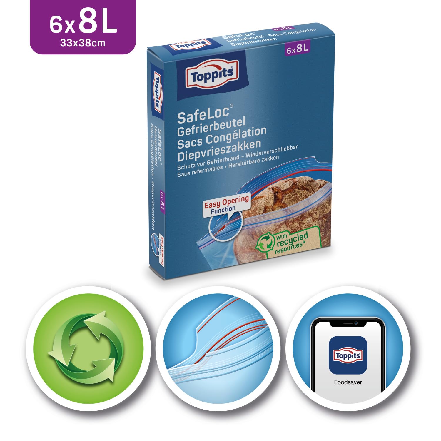 Toppits SafeLoc Gefrierbeutel 8 Liter, 6 Stück – Doppelverschluss, Standboden, Extra Reißfest Für Langanhaltende Frische