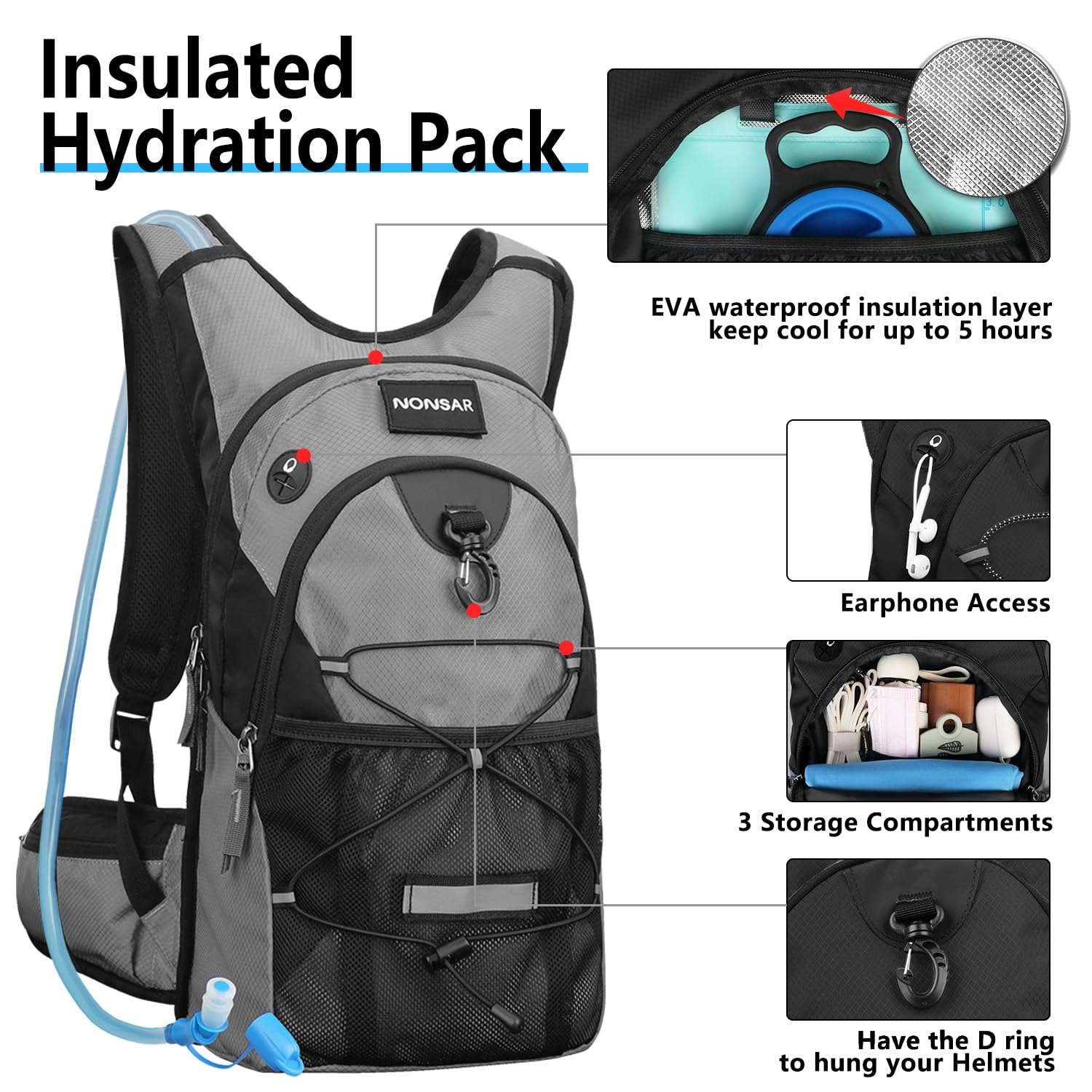 NONSAR 3L Hydration Backpack Pack with Water Bladder, Insulated Water Backpack for Women, Men, Kids, Keep Liquids Cool Up to 5 Hours, Daypack for Hiking, Running, Climbing, Rave, Festival