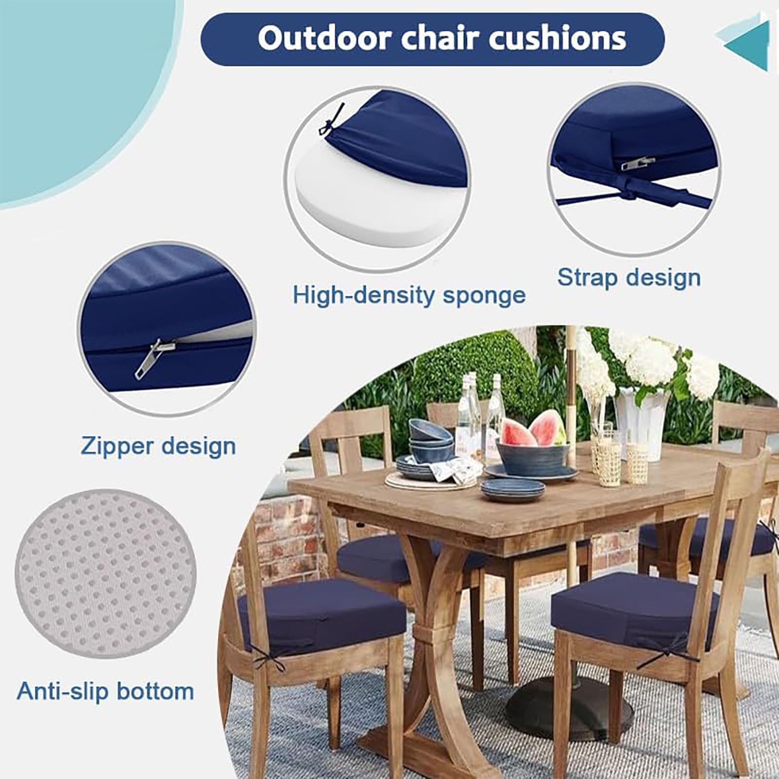 Generisch Stuhlkissen Outdoor Halbrund Wasserfest, 40x40 45x45 50x50cm Waschbare rutschfest Sitzkissen Bürostuhl mit Bändern Dickes Hochdichter Schaumstoff Sitzpolster für Garten