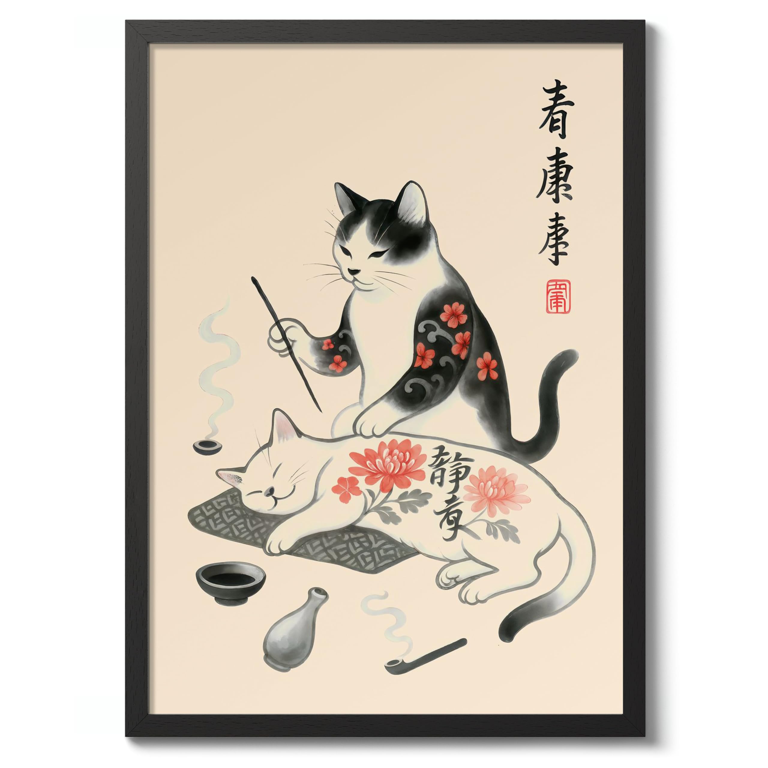 Stick N Poke Poster, Vintage Japanese Woodblock Cat Poster, Ukiyo-E Tattoo Wall Art, A2 (Black Frame) - 62.5x45.1cm