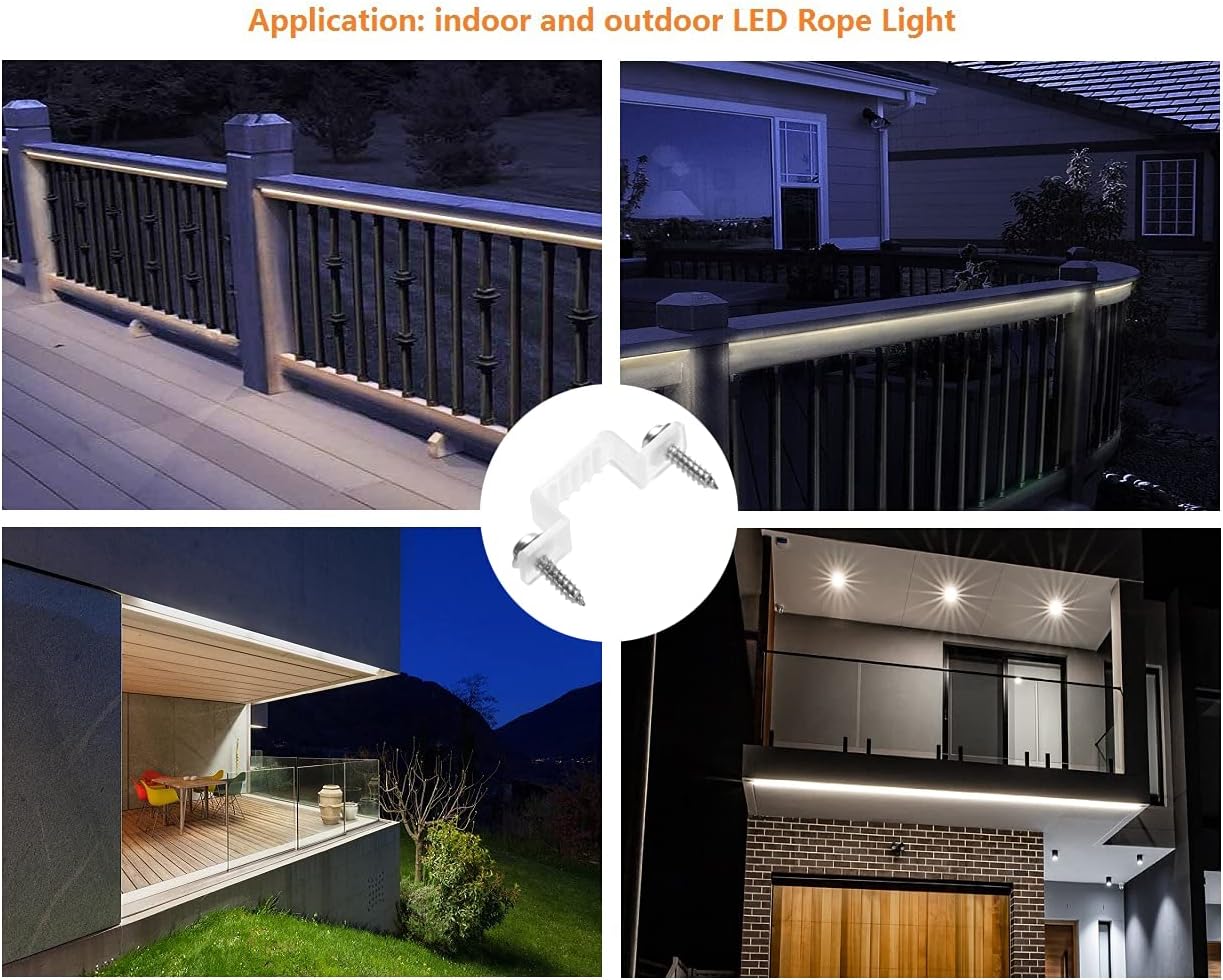 MMSD 100 Pack led Rope Light mounting Brackets Outdoor Rope Light Fixing Clips Suit for 14-15mm Width Rigid Rope Light Holder with 202PCS Screws
