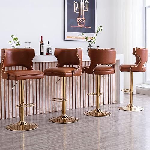 Miniatura 7 de Juego de 2 taburetes de bar marrones giratorios de altura de mostrador con respaldo de piel sintética con base dorada, isla de cocina moderna