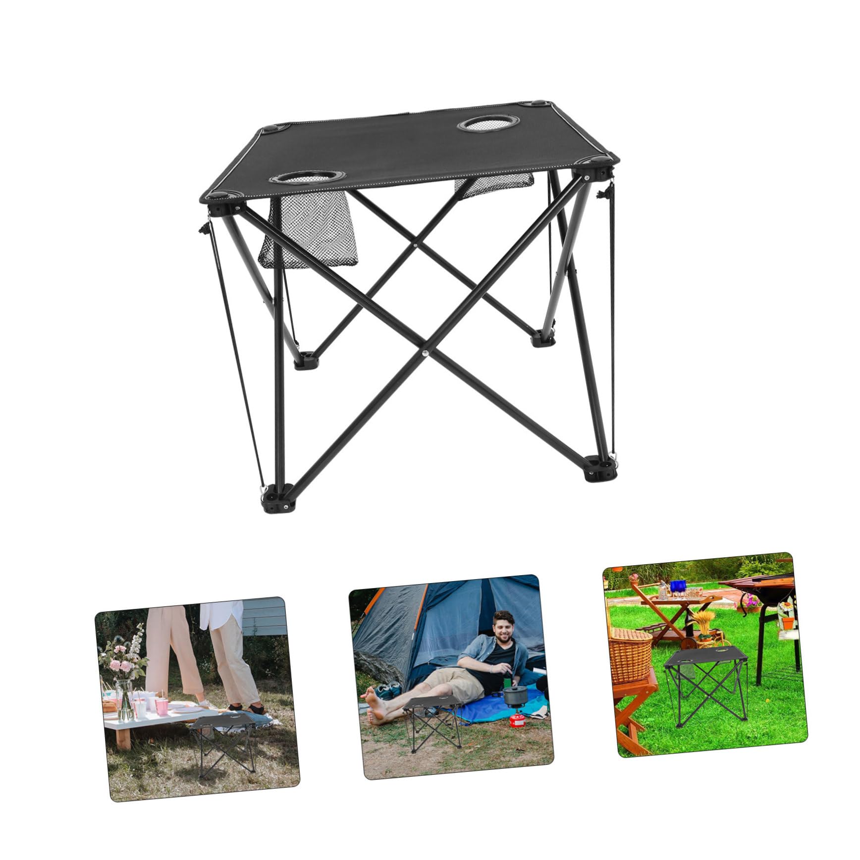 ibasenice Table de Camping Pliante Portable, Tissu Oxford Noir, Structure en Fer, 2 Poches Porte-gobelets, pour Pique-niques et Activités en Plein Air