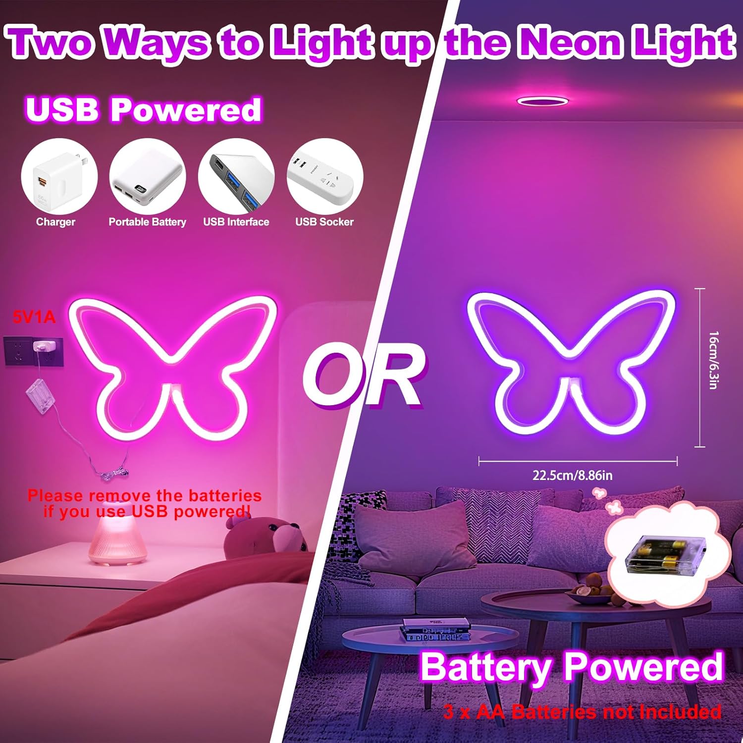 3 Pack Butterfly Neon Sign, neon signs for wall decor, USB/Battery Operated Led Neon Light, Purple Girls LED Wall Decor Room Decoration for Bedroom, Party, Birthday Gifts, Wedding, Holiday, Home Decor(Purple Blue Pink )