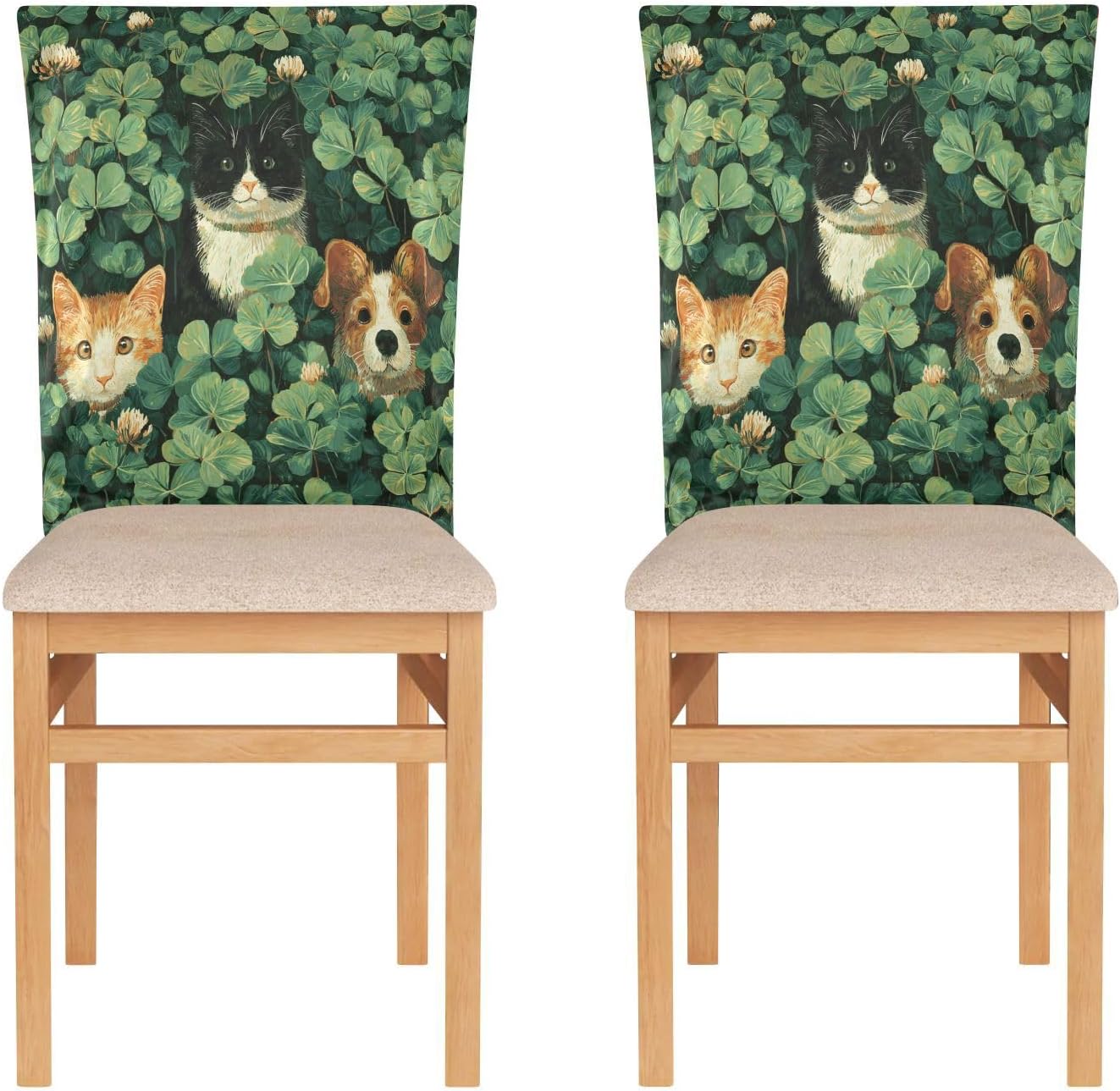 ALAZA St Patrick's Day Cats Dogs Clovers Chair Back Cover Set of 6, Washable Reusable Removable Chair Slipcovers Decorative Chair Cover for Home Kitchen Wedding Party