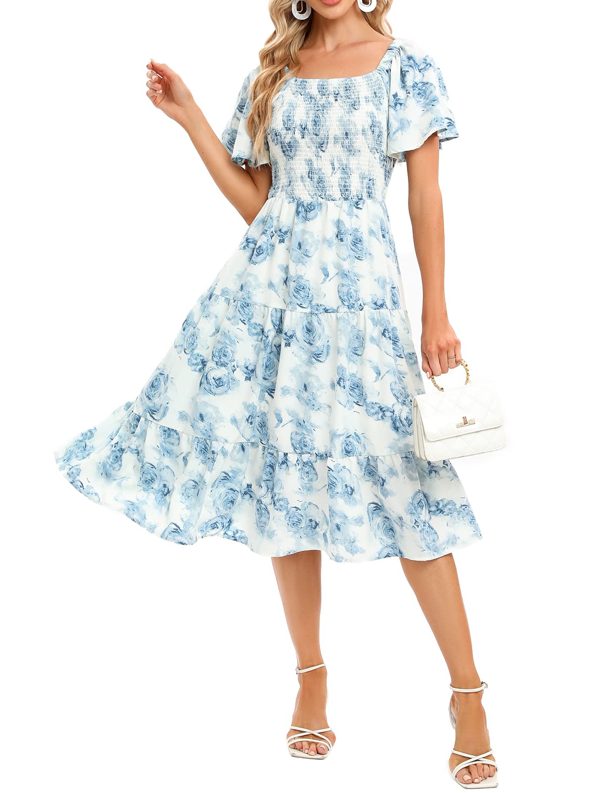 BbonlinedressWomens Casual Floral Summer Smocked Beach Party Boho Midi Square Neck Dress