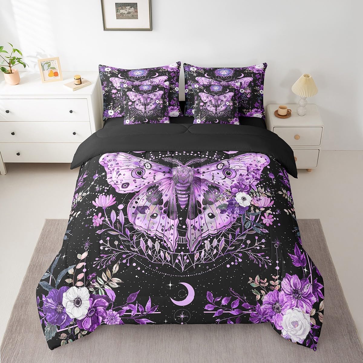 Feelyou Purple Death Moth Bedding Set with Comforter, Boho Moth Comforter Twin Size 7Pcs Sun Moon Butterfly Bed in a Bag with Comforter, Boho Floral Flat Sheet, Fitted Sheet, Pillowcases Room Decor