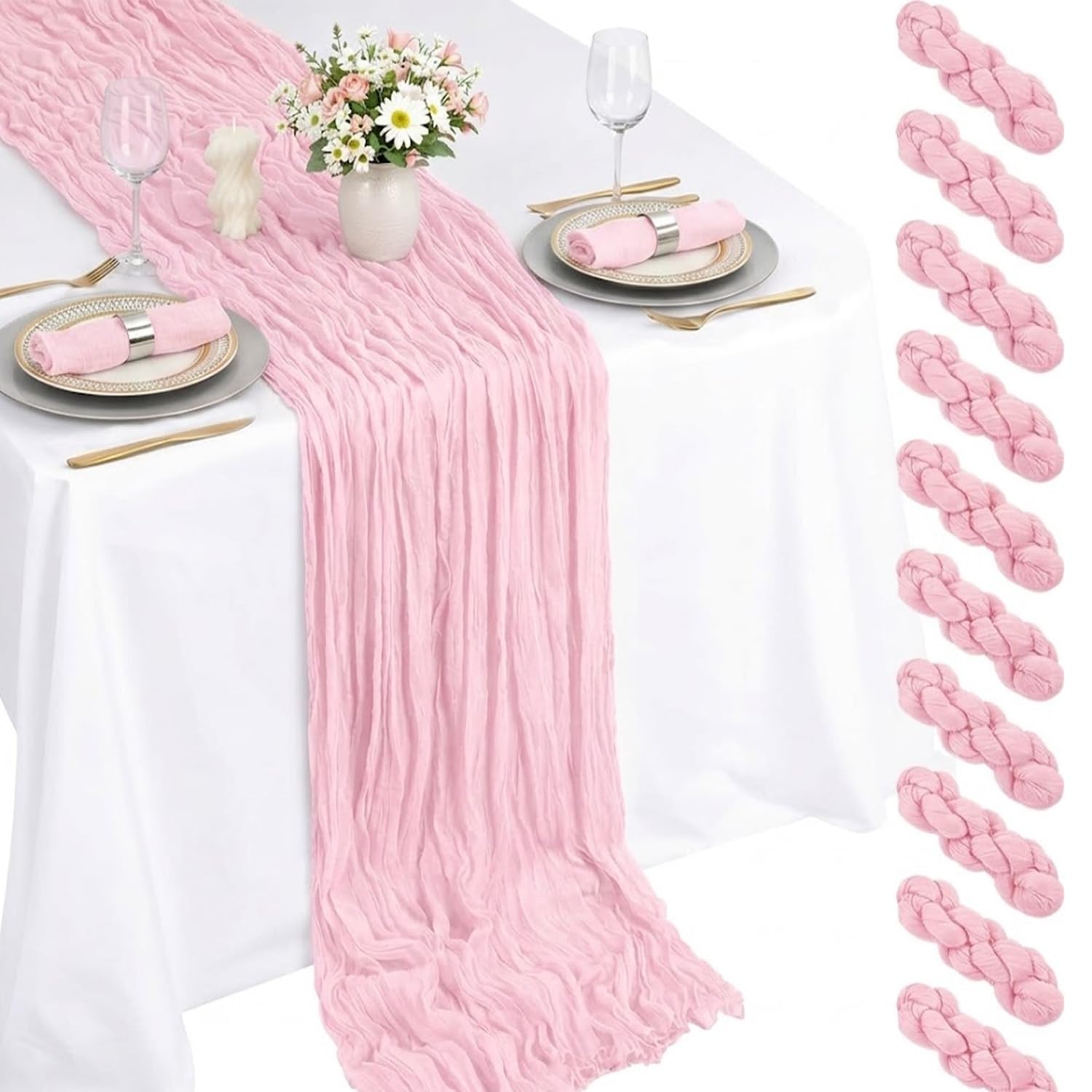 Photo 1 of 10 Pack Light Pink Cheesecloth Table Runner 120 Inch Boho Gauze Table Runner, Rustic Sheer Cheese Cloth Fabric Table Runners for Parties, Baby Shower, Birthday and Weddings