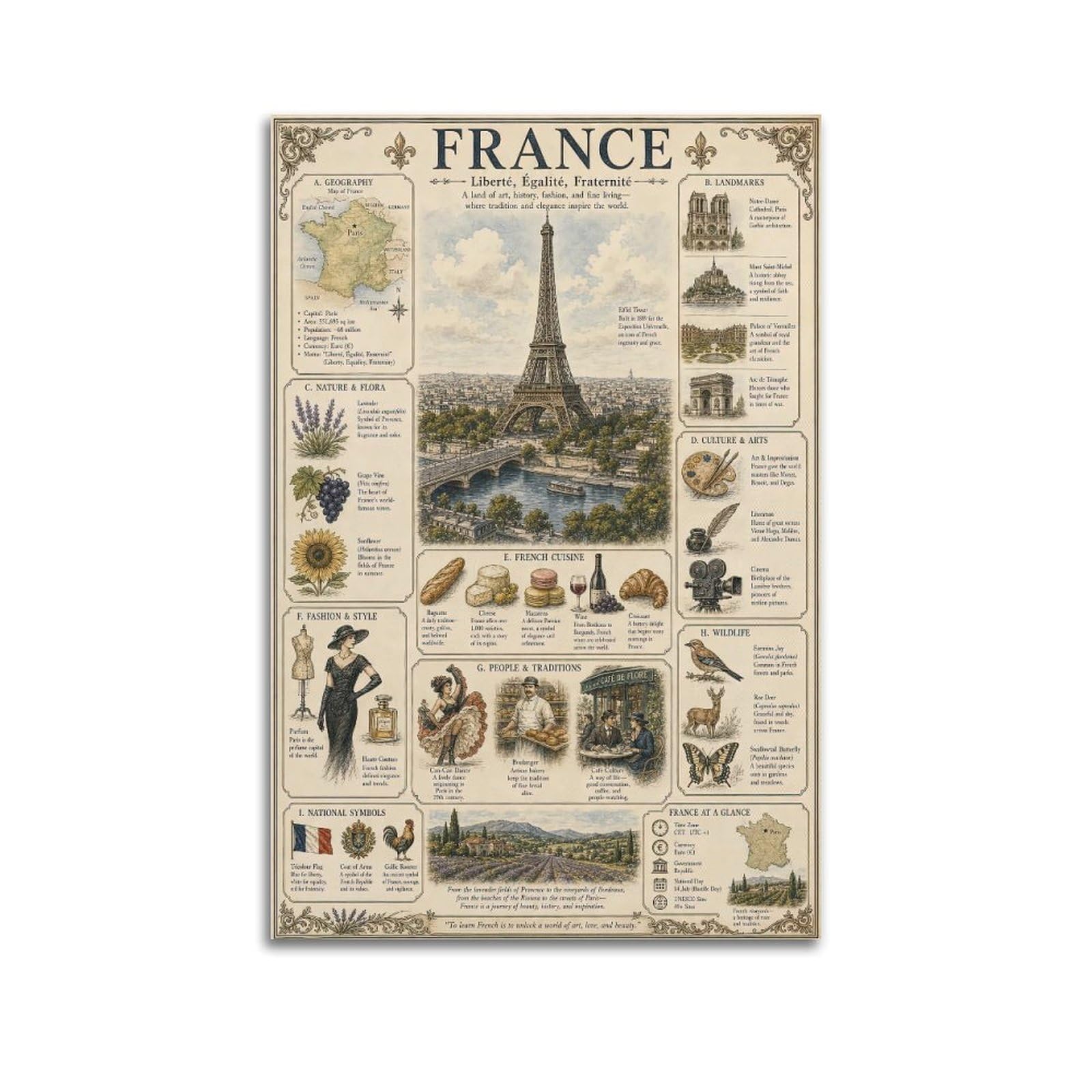 OKAHYS Vintage Travel Poster France Paris Artwork Decorative Painting Canvas Wall Artworks Picture 20x30inch(50x75cm)