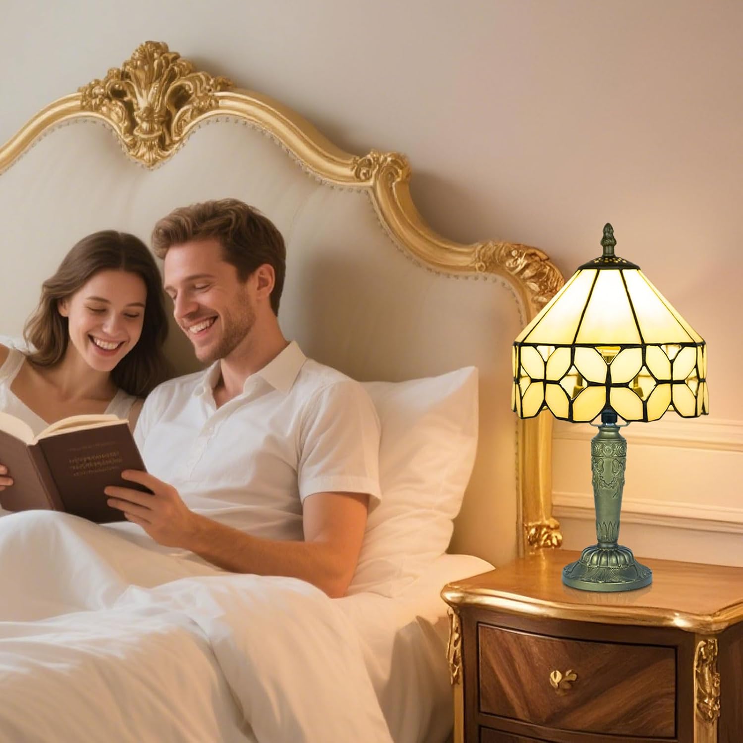 Small Tiffany Style Stained Glass Table Lamp, 8 Inch Antique Handcrafted Desk Light for Bedside Living Room Bedroom Reding Office Home, 3 Color Temperatures Dimmable E26 Bulb