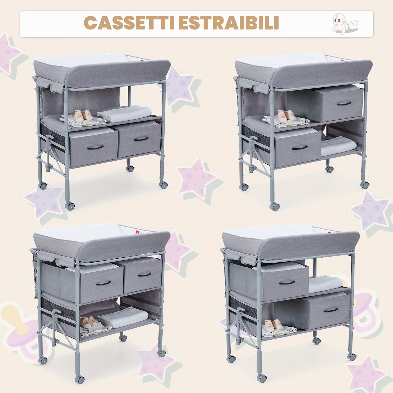 Fasciatoio Pieghevole Neonato Con 2 Cassetti, Altezza Regolabile, Materassino Impermeabile, Organizzazione Salvaspazio, Asta Appendiabiti & 4 Ruote Bloccabili, Grigio Scuro