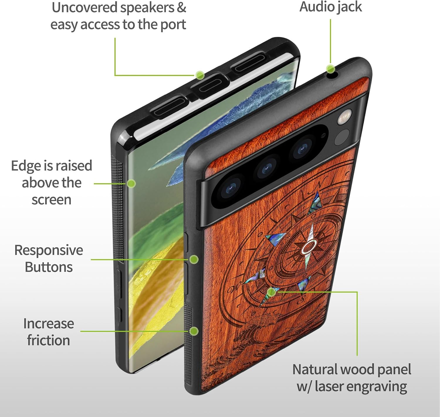 Carveit Designer Wooden Case for Google Pixel 8 Pro Case Cover [Wood Engraving & Shell Inlay] Compatible with Wireless Chargers Pixel 8 Pro (Wave Compass-Rosy)