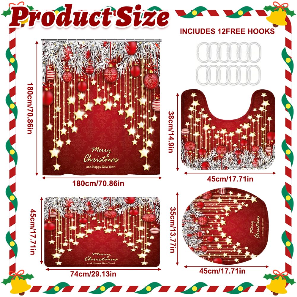 Ensemble de Rideaux de Douche de Noël, 4 Ensembles de Salle de Bain Noël avec Rideau de Douche(180x180cm), Tapis Couvercle de Toilette, U-förmiger Badematte, Tapis-Sol sans Glissement