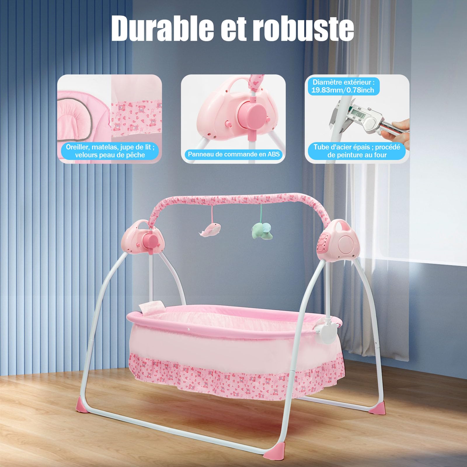 Berceau électrique pour bébé, lit Bebe indépendant, 0-25 kg, 100 * 75 * 86cm, transat Automatique avec Bluetooth, 5 réglages de Balancement, Berceau Pliable et Portable, Rose
