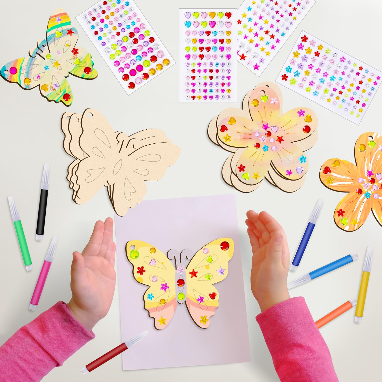 Kit DIY Fleurs Et Papillons En Bois - Avec Crayons Aquarelle