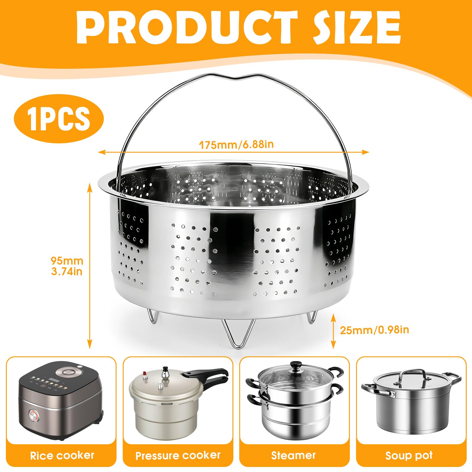 BINYI Insert de cuiseur vapeur en acier inoxydable 304 pour casserole, panier vapeur, 17,5 cm, pour casseroles, panier à vapeur, autocuiseur, légumes, fruits, œufs - 4