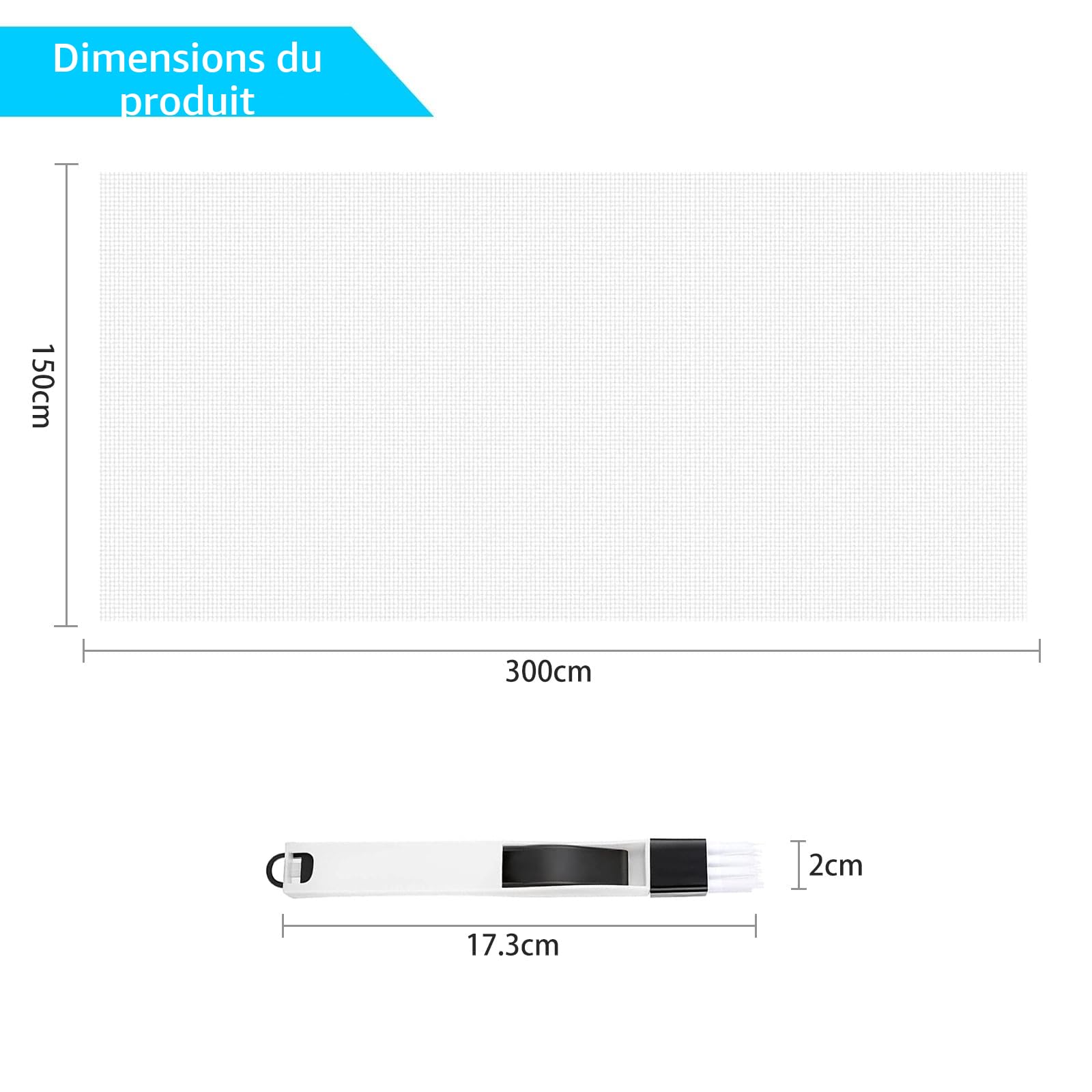 Moustiquaire de fenêtre 150x300cm fibre de verre bricolable avec brosse de nettoyage Blanc