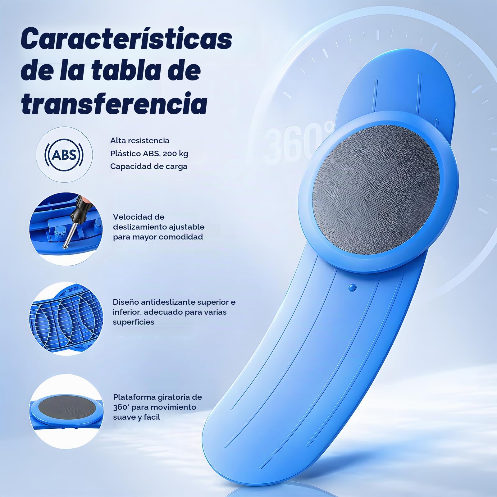 Tabla Transferencia, Tabla Deslizante 90cm para Usuarios Silla Ruedas Transferencias Desde Hacia Cama Bañera y Coche Incluye Disco Giratorio 360° Para Personas Cama Silla Coche Silla Ruedas e Inodoro