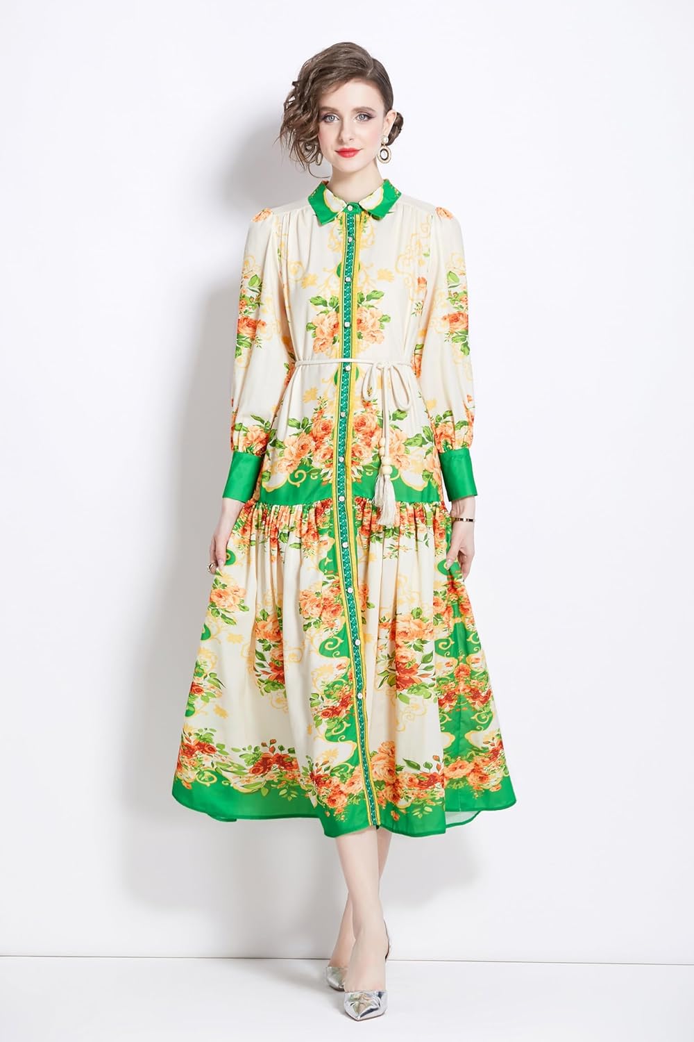 LAI MENG FIVE CATS Women's Floral Print Collared Neck Casual Button Up Maxi Dress - Image 4