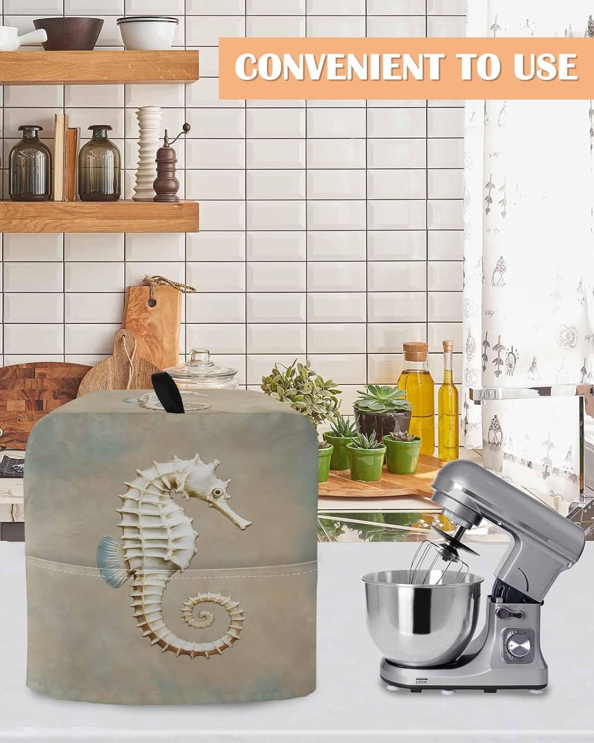 Coastal Seahorse Stand Mixer Cover with Storage Pocket, Waterproof Kitchen Mixer Covers, Vintage Ocean Animal Hippocampus Khaki Kitchen Appliance Dust Cover Compatible with 4/4.5 Quart Mixers