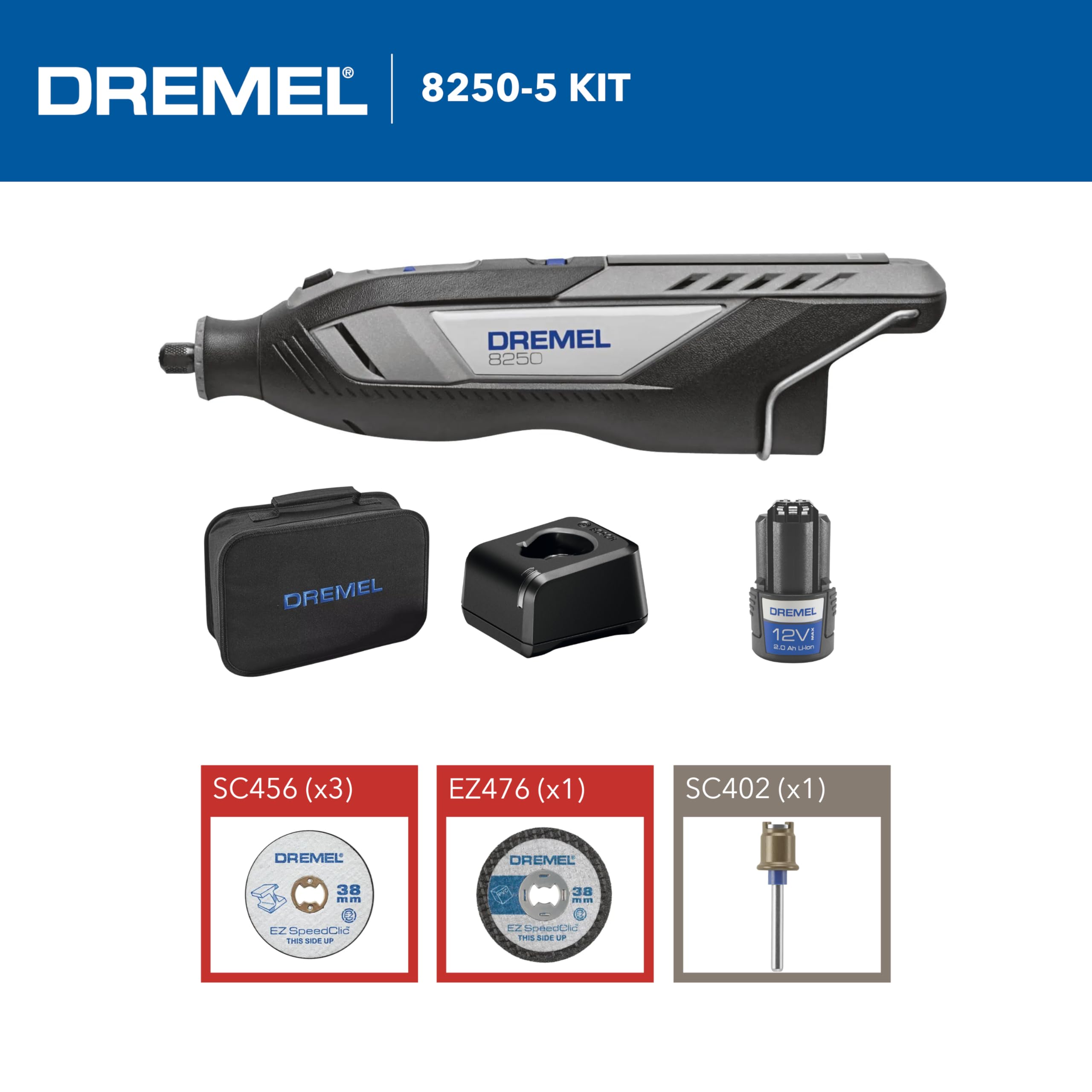 Dremel 8250 Multifunzione Rotativo Senza Fili 12V Brushless Velocità Variabile 5.000-30.000 giri/min con Borsa per Attrezzi, 5 Accessori, Batteria 2.0Ah per Smerigliatura, Foratura, Fresatura