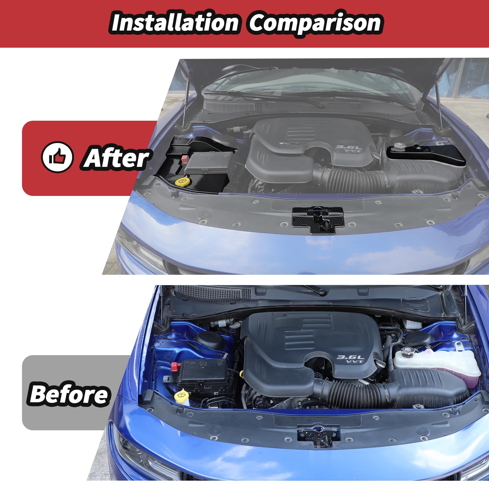 JeCar Kit de cubierta antipolvo de fibra de carbono para refrigerante del parabrisas para Dodge Charger 2011-2023, accesorios interiores