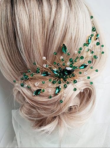 Miniatura 2 de Teyglen Peine de pelo de boda para novia, peine lateral de cristal de diamantes de imitación verde para mujer, accesorios para el cabello de novia