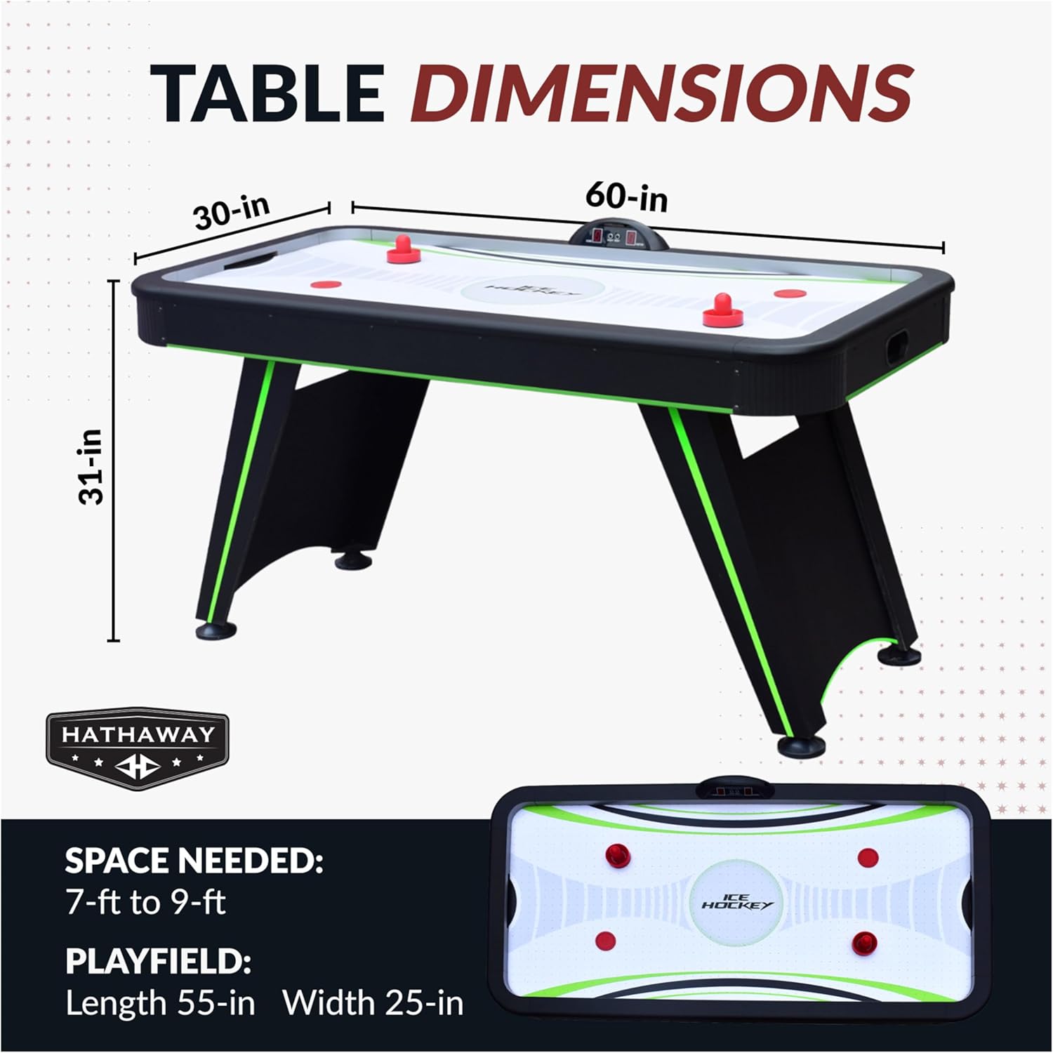 Hathaway Voyager 5 Ft Air Hockey Table for Home Game Room - with LED Scoring, High-Output Blower, Reinforced Legs, Strikers & Pucks - Black and Neon Green Finish