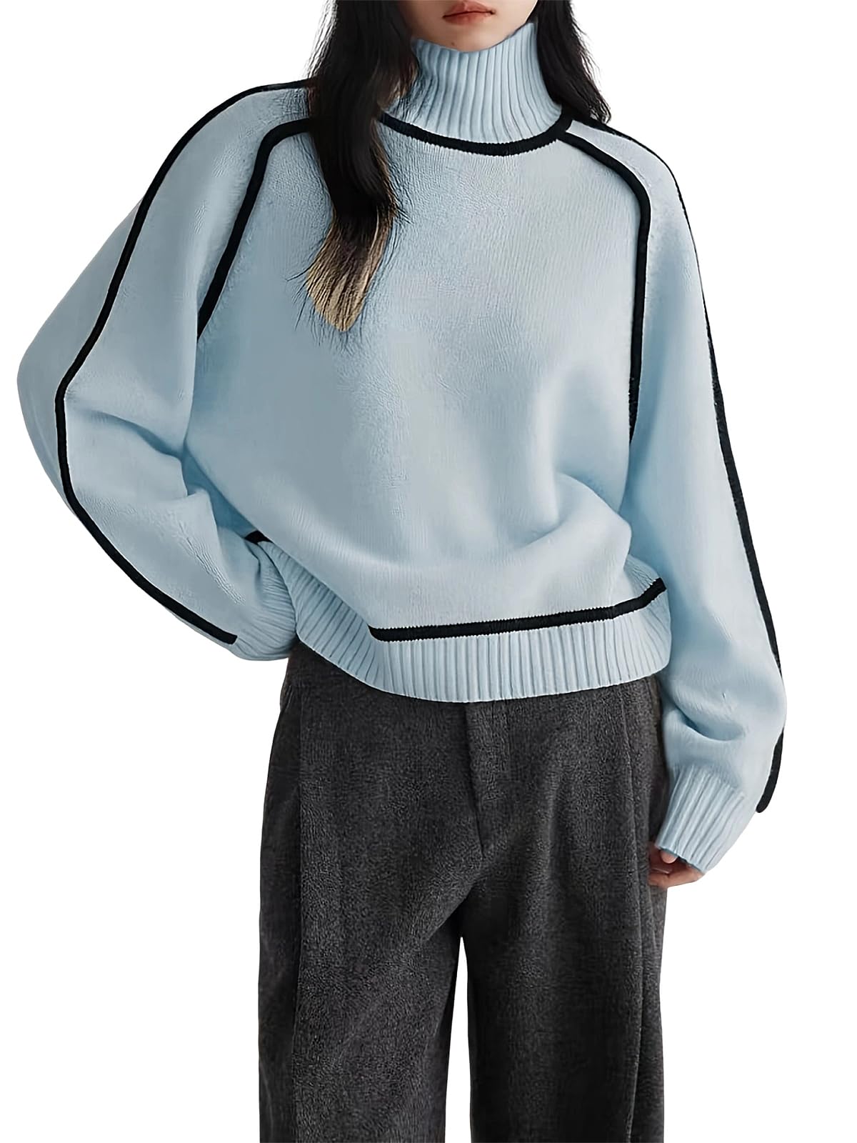 utcoco Pullover Sweaters for Women Casual Loose Fit High Neck Sweater Knit Jumper Top
