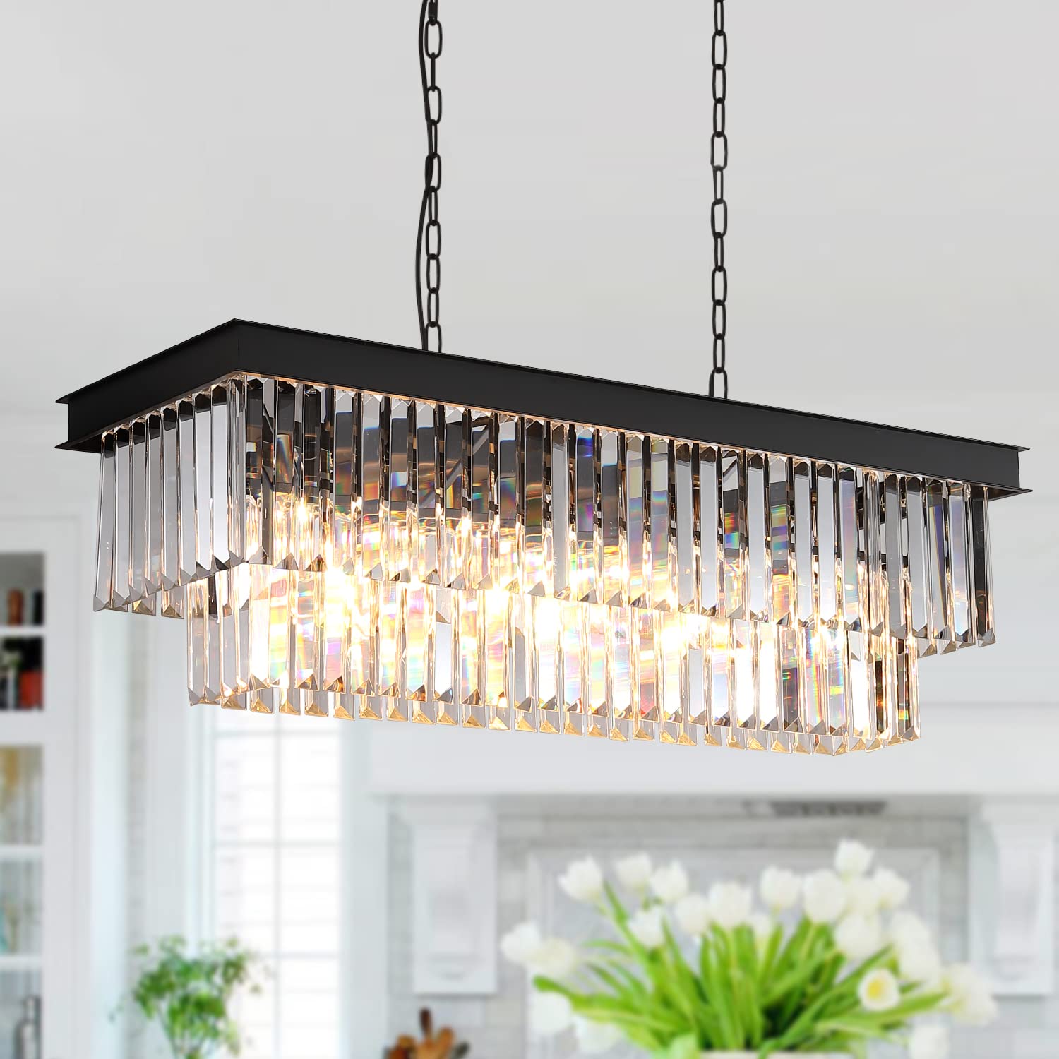 A AXILIXI Modern Crystal Chandelier Rectangular Chandelier for Dining Room Black Ceiling Pendant Light Fixture Rectangle Long Chandelier L33” for Kitchen Island
