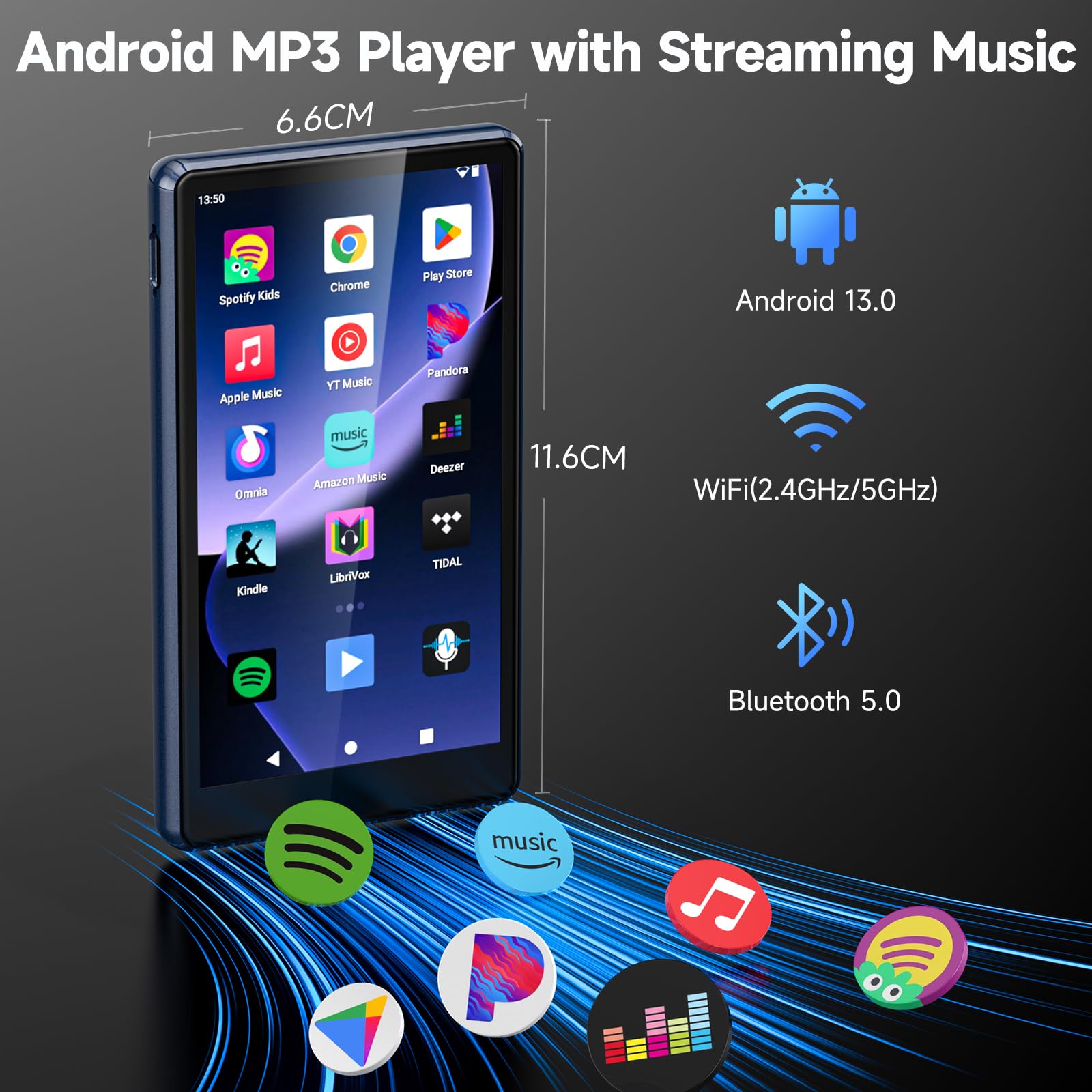 Lettore MP3 163GB Spotify con WiFi Bluetooth, Touchscreen da 4,5 pollici, Lettore MP4 Android 13, Compatibile con Audible, Radio FM, Amazon Music, Deezer, Pandora, Play Store
