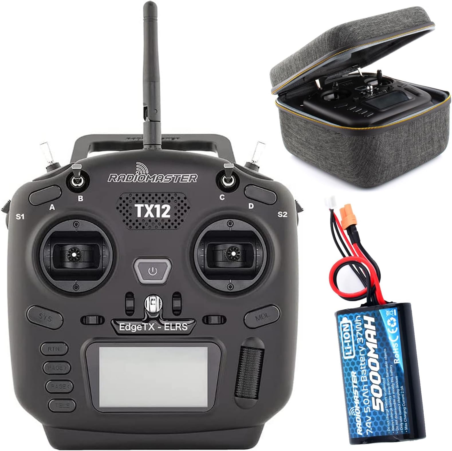 RadioMaster TX12 MKII ELRS 16CH Support OPENTX and EDGETX Remote Control Transmitter for RC Drone Mode 2 (Tx12 Mkii Elrs with Carry Case + Battery)