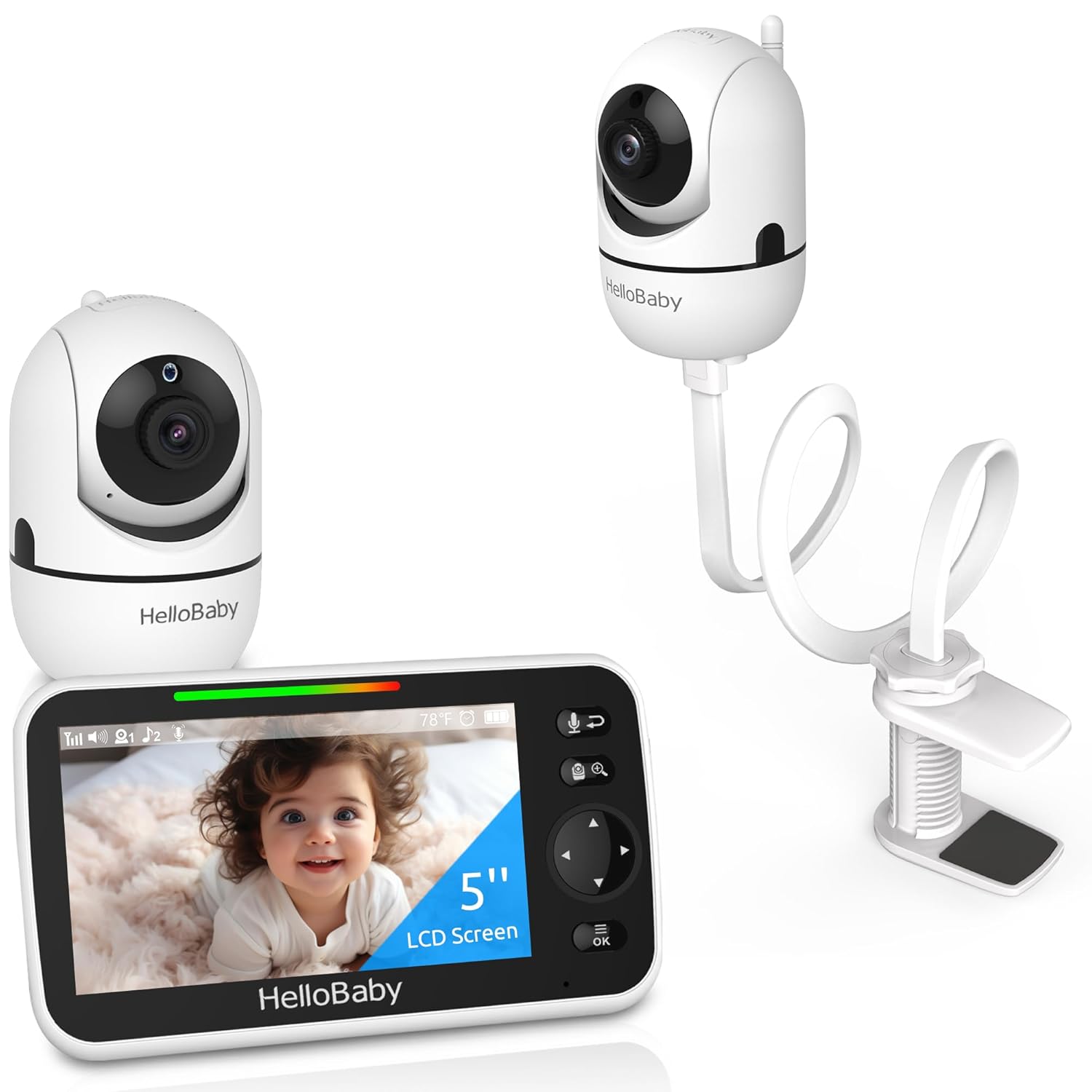 HelloBaby Clip Clamp Mount Baby Monitor with 2 Cameras, 5'' IPS Screen, and 26-Hour Battery - No-WiFi Baby Monitor with Flexible Gooseneck Arm