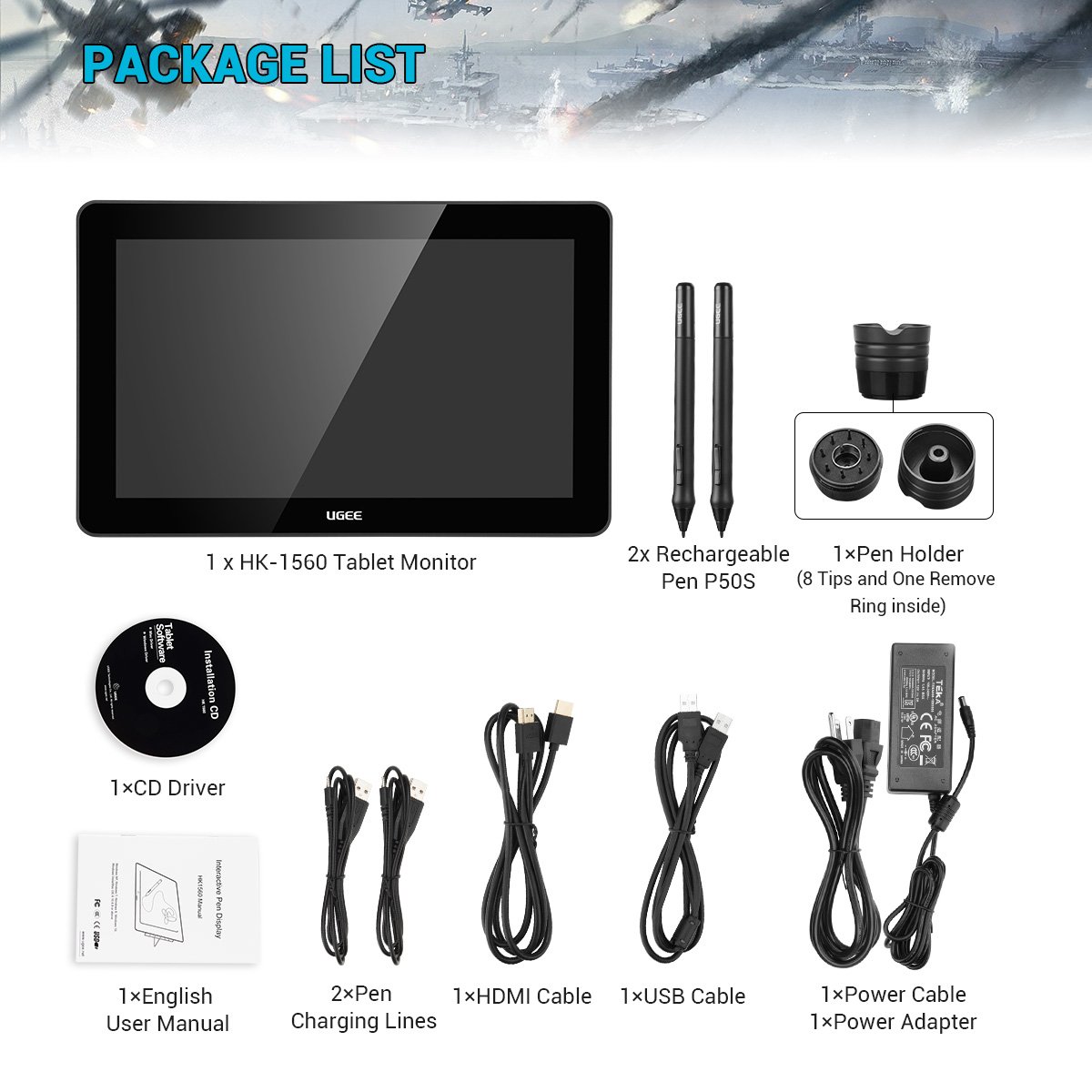 Ugee 15.6 Inches HK1560 IPS Display Graphics Monitor Drawing Pen
