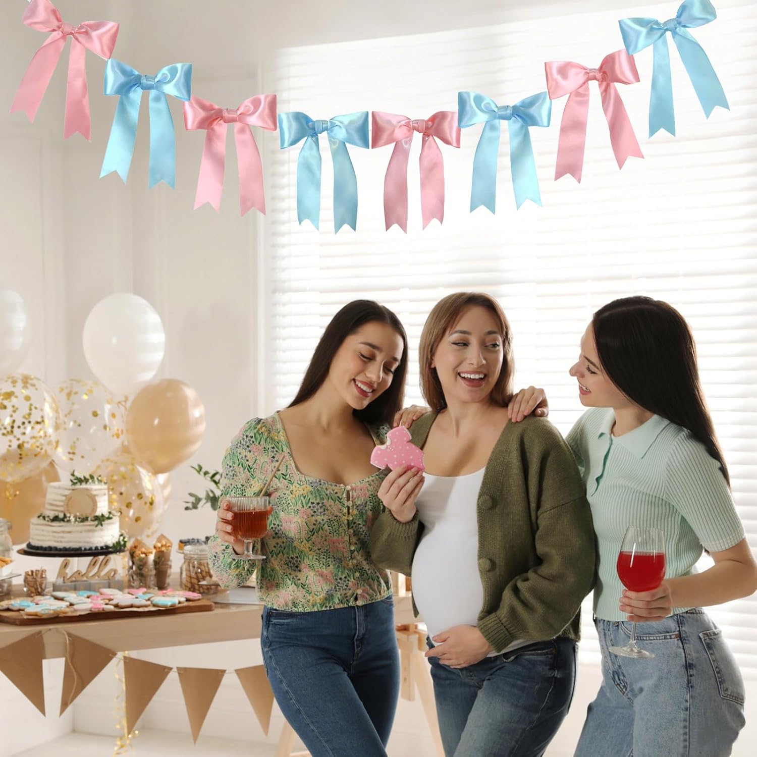 2 Strings of 16 PCS Pink Blue Bow Garlands Banner Decoration, Pre-Strung Satin Ribbon Bow Party Ornaments for Gender Reveal Party, Birthday, Baby Shower, Engagement, Bachelorette(Pink&Blue) - Image 4