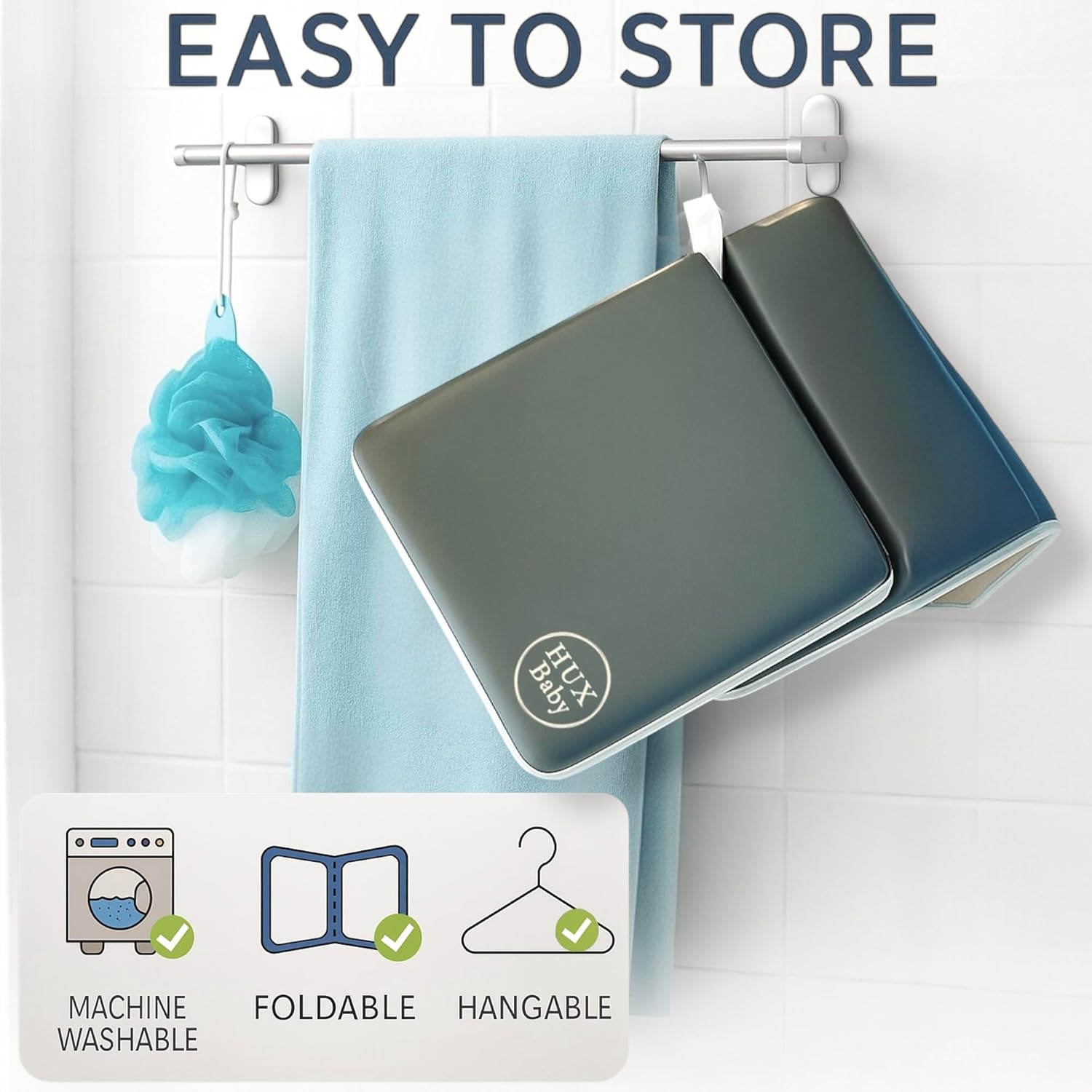 Comfortable Baby Bath Kneeler and Elbow Rest Pad Set, Non-Slip Bathtub Kneeling Pad for Bathing Baby, Bath Tub Cushion Mat, Elbow Pads, Toy Organizer Storage Pockets, Strong Suction Cups, Dark Gray